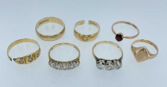 SEVEN GOLD RINGS comprising 9ct gold band, 9ct gold signet ring, 9ct gold single stone diamond '