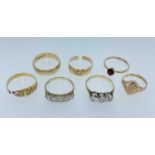 SEVEN GOLD RINGS comprising 9ct gold band, 9ct gold signet ring, 9ct gold single stone diamond '