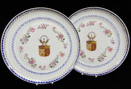 PAIR CHINESE ARMORIAL PORCELAIN DISHES, painted in the 18th Century style with central arms,