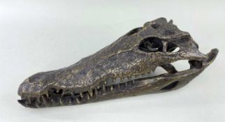 PATINATED METAL SCULTURE OF A CROCODILE SKULL, 37cm long