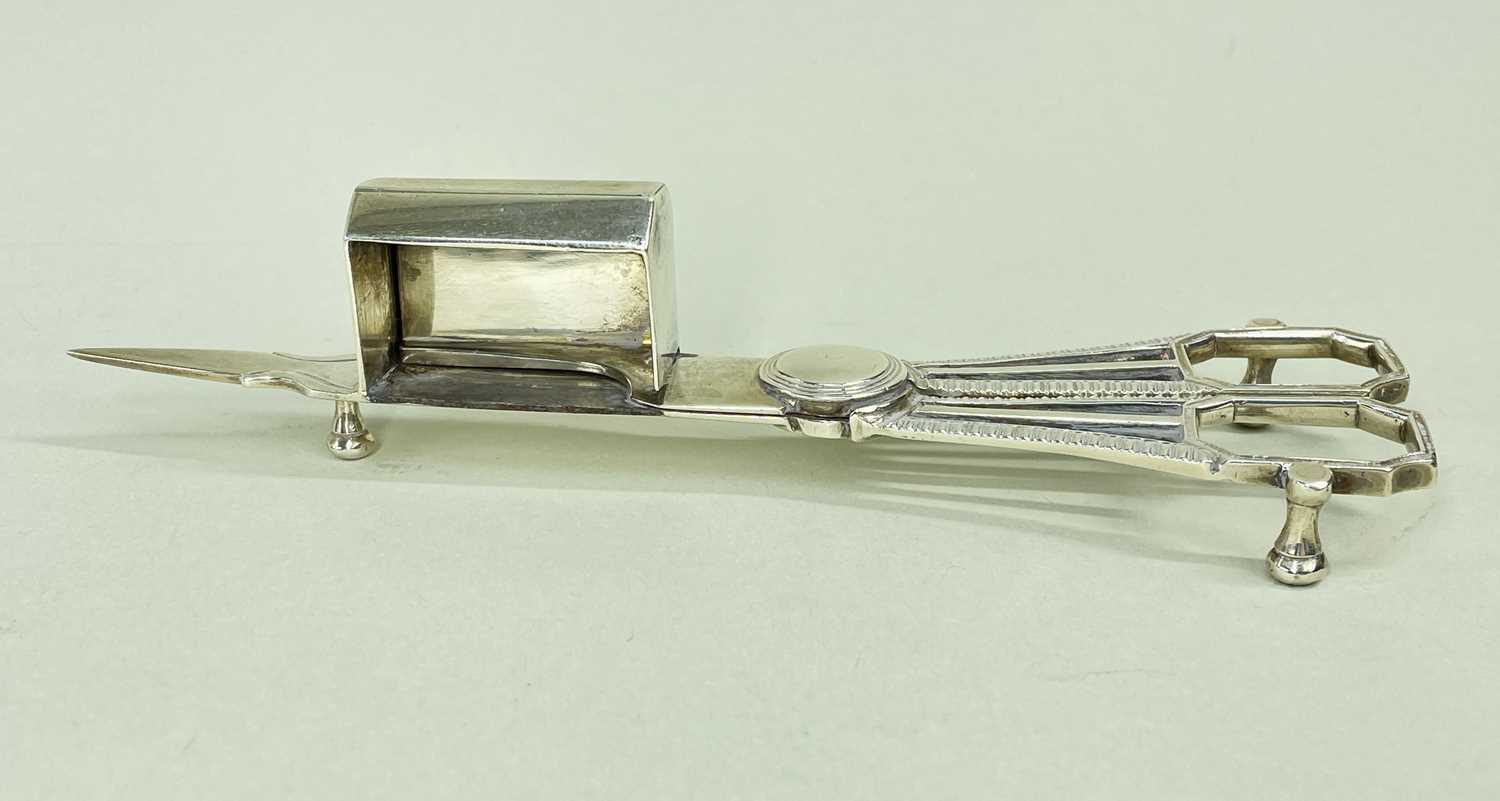 PAIR GEORGE III SILVER CANDLE SNUFFERS, William Bennett, London 1789, gadrooned borders with