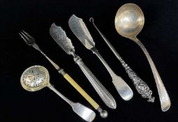 ASSORTED SILVER ITEMS comprising two silver fish knives, silver ladle by Hester Bateman, silver