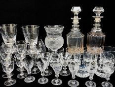 ASSORTED TABLE GLASS, primarily stemware, some in suites, together with pair of large sliced cut