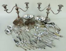 ASSORTED PLATED ITEMS, including pair two-branch candelabra, pair Elkington twin-handled bowls, pair