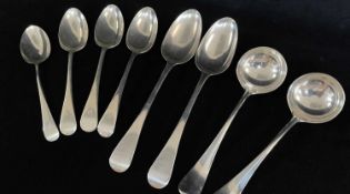 ASSORTED ANTIQUE SILVER HANOVARIAN PATTERN SPOONS, comprising pair George III tablespoons, William
