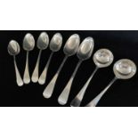 ASSORTED ANTIQUE SILVER HANOVARIAN PATTERN SPOONS, comprising pair George III tablespoons, William