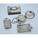 FOUR ANTIQUE COLLECTIBLES, including silver envelope stamp case monogrammed GEAJ, silver vesta