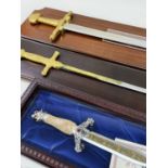 THREE SOUVENIR EDGED WEAPONS, comprising 'viking knife' in glazed case, 35cms long, 'ceremonial épée
