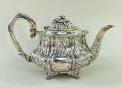 GEORGE IV SILVER TEAPOT, J R Terry & Co., London 1826, of compressed melon form, engraved with