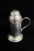 MID-18TH CENTURY IRISH SILVER MUFFINEER, probably Dublin c. 1750, of lidded tankard form, pierced