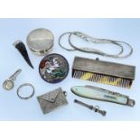 ASSORTED SILVER COLLECTABLES comprising engine turned travel comb, circular box and cover, silver