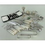 ASSORTED SILVER TABLEWARE & PLATED FRUIT EATERS, including various silver condiment spoons, silver