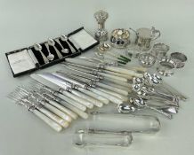 ASSORTED SILVER TABLEWARE & PLATED FRUIT EATERS, including various silver condiment spoons, silver