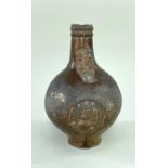 17TH CENTURY GERMAN STONEWARE BELLARMINE, decorated with mask and coat of arms, strap handle,