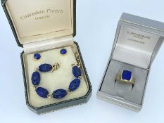 LAPIS LAZULI JEWELLERY comprising 9ct gold gents lapis lazuli ring, ring size T, pair of 18ct gold