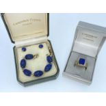 LAPIS LAZULI JEWELLERY comprising 9ct gold gents lapis lazuli ring, ring size T, pair of 18ct gold