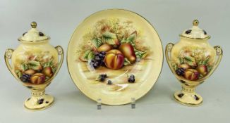 AYNSLEY 'ORCHARD GOLD' BONE CHINA, comprising two vases and covers, 22.5cms high, and a pedestal