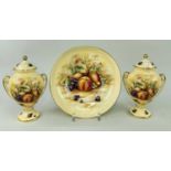 AYNSLEY 'ORCHARD GOLD' BONE CHINA, comprising two vases and covers, 22.5cms high, and a pedestal