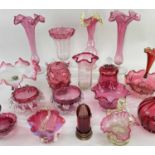 ASSORTED VICTORIAN TINTED & CRANBERRY GLASSWARE, including celery vase, oil lamp base, pair of