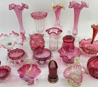ASSORTED VICTORIAN TINTED & CRANBERRY GLASSWARE, including celery vase, oil lamp base, pair of
