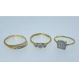 THREE DIAMOND RINGS comprising 18ct gold five stone ring, 18ct gold three stone illusion set ring,