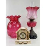 VICTORIAN CRANBERRY GLASS OIL LAMP, LARGE CRANBERRY SHADE & MANTEL CLOCK, oil lamp 55cm h (incl.