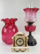 VICTORIAN CRANBERRY GLASS OIL LAMP, LARGE CRANBERRY SHADE & MANTEL CLOCK, oil lamp 55cm h (incl.