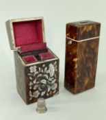 TWO MID-19TH CENTURY TORTOISESHELL SEWING COMPANIONS OR ETUI, one with mother-of-pearl floral inlay,