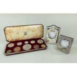 ROYAL MINT 1953 CORONATION SET & TWO SILVER TIMEPIECES, 10 coins (the One Penny a 1965 replacement),