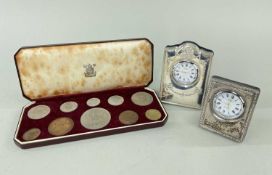 ROYAL MINT 1953 CORONATION SET & TWO SILVER TIMEPIECES, 10 coins (the One Penny a 1965 replacement),