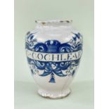 18TH CENTURY DELFT DRUG JAR, painted in blue with strapwork label inscribed 'C.COCHLEAR'