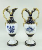 TWO ROYAL DUX PORCELAIN ORNAMENTS, one an ewer, the other a vase, both painted in blue and