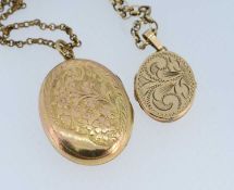 9CT GOLD ENGRAVED OVAL LOCKET, on 9ct gold chain (7.0gms), together with another similar stamped '