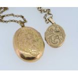 9CT GOLD ENGRAVED OVAL LOCKET, on 9ct gold chain (7.0gms), together with another similar stamped '