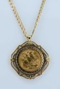 ELIZABETH II GOLD SOVEREIGN, 1957, in 9ct gold pendant mount, on 9ct gold flat link chain, 22.9gms
