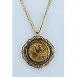 ELIZABETH II GOLD SOVEREIGN, 1957, in 9ct gold pendant mount, on 9ct gold flat link chain, 22.9gms