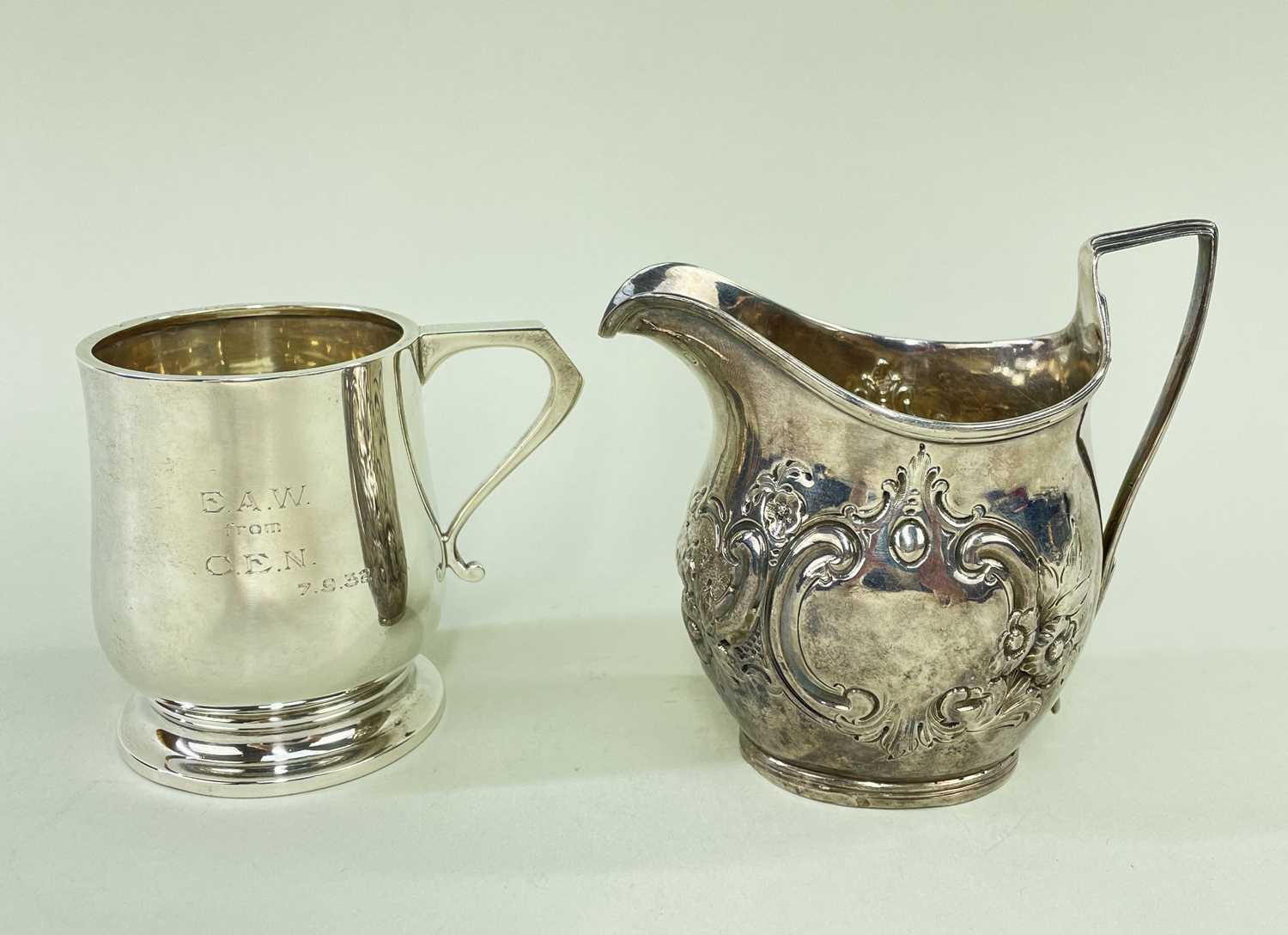 GEORGE III SILVER CREAM JUG & GEORGE V CHRISTENING MUG, London 1802 and Birmingham 1931, jug with