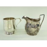 GEORGE III SILVER CREAM JUG & GEORGE V CHRISTENING MUG, London 1802 and Birmingham 1931, jug with