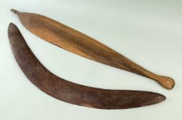 TWO AUSTRALIAN ABORIGINE ARTEFACTS, comprising western Desert carved woomera with gut binding, 80cm;