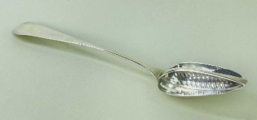 GEORGE III IRISH SILVER STRAINING SPOON, Dublin 1810, bowl with slatted strainer, pointed-end