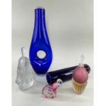 GROUP OF STUDIO GLASSWARE, comprising David Wall blue glass vase 35cm, 3x Stuart Akroyd scent