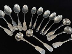 ASSORTED SILVER SPOONS comprising five rat tail tea spoons, five salt spoon ladles (three plated),