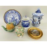 GROUP OF ASSORTED POTTERY, comprising Majolica jar and cover, the foot inscribed 'Theriaca',