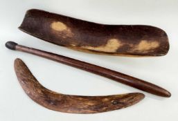 GROUP AUSTRALIAN ABORIGINE ARTEFACTS, including coolamon 65cm; club with spinifex handle 74cm; and