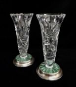 PAIR CUT GLASS & SILVER MOUNTED VASES, trumpet form, silver bases with hallmarks for Birmingham