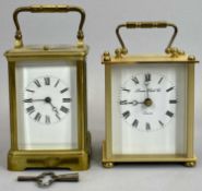 FRENCH BRASS CARRIAGE CLOCK - by Flands, Roman numerals on an enamelled dial, 17cms H with handle
