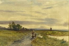 M JACKSON watercolour - a bonneted lady with child, geese and windmill and buildings to the