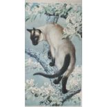 C F TUNNICLIFFE print - cat perched on a blossom tree, signed in pencil and studio blind stamped (