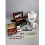 VINTAGE LAQUERWORK JEWELLERY BOX & CONTENTS including Niello ware, silver and enamelled jewellery,