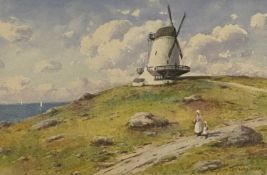 WARREN WILLIAMS A.R.C.A. watercolour - Anglesey windmill with two figures on a coastal headland,